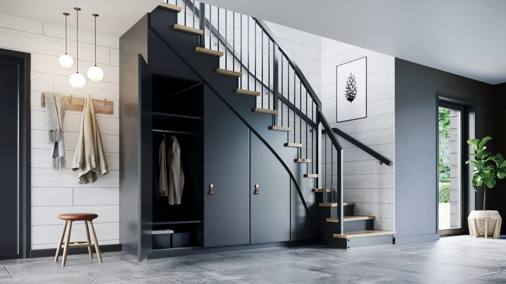 Garderobslösning under trappa